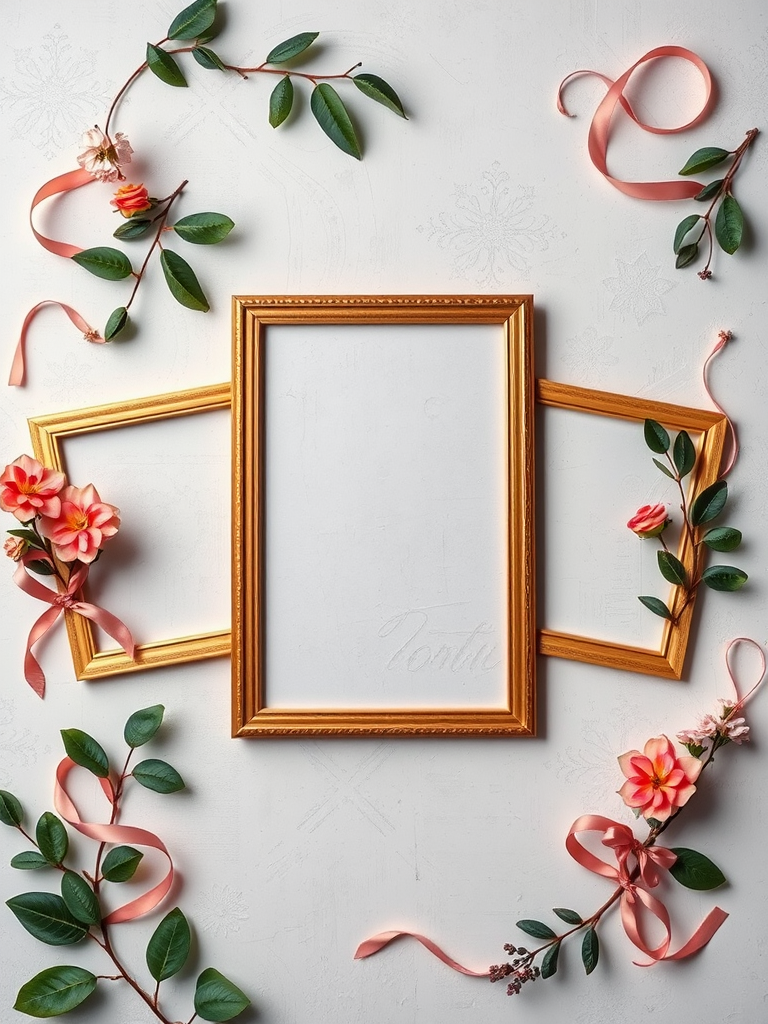 Create a vintage photo frame design featuring three empty frames surrounded by leaves, flowers, ribbons, and decorative swirls on a textured light background, shot with a DSLR camera at f/4 aperture, 50mm lens, natural lighting, and flat lay perspective.