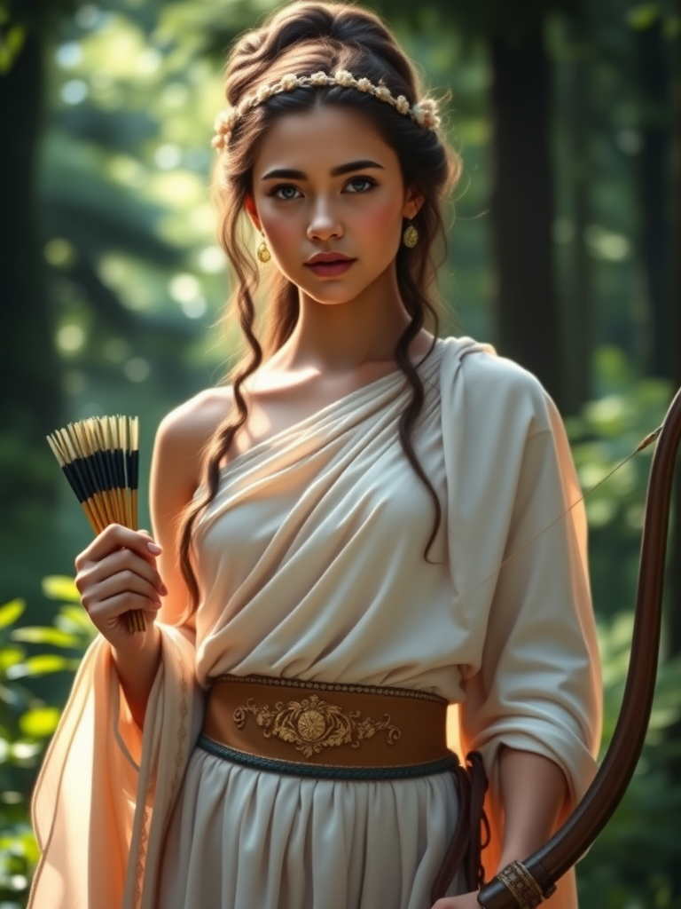 Create a portrait of a goddess-like First Nations girl figure in a tranquil, forested environment. She has an elegant appearance with long, wavy hair styled in an updo and adorned with a delicate, floral headband. She wears a flowing, ancient Greek-inspired gown in a soft, pale color, featuring a one-shoulder design and draped fabric that accentuates her graceful form. The outfit includes a decorative belt with ornate gold detailing, and she holds a bow in her hand, with a quiver of arrows slung over her shoulder. The background depicts lush greenery, with sunlight filtering through the trees, casting a gentle, ethereal light on the scene. Her expression is calm and contemplative, embodying a sense of wisdom and serenity.