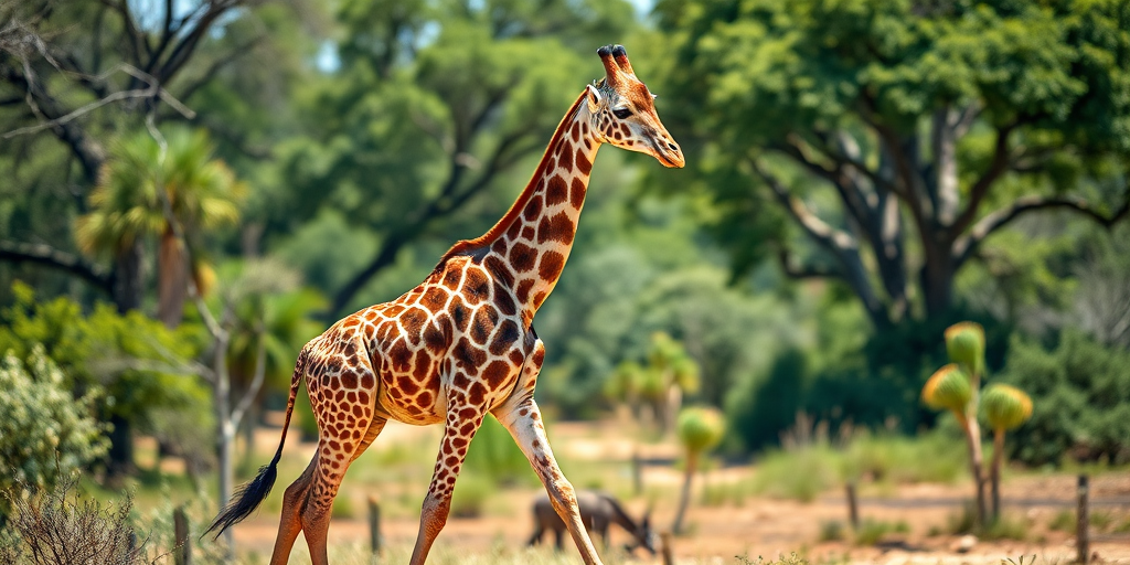 Generate a high-resolution image of a giraffe walking in a natural setting using a DSLR camera with a 50mm lens, f/4 aperture, ISO 200, and a shallow depth of field, capturing a side view in bright daylight.
