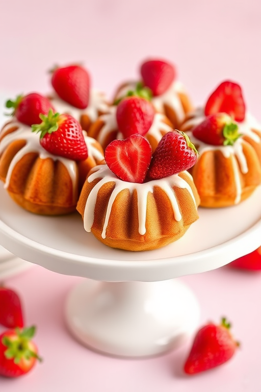 A beautifully arranged display of mini bundt cakes topped with fresh strawberries and drizzled with a creamy icing on a white porcelain cake stand with a soft pastel background.