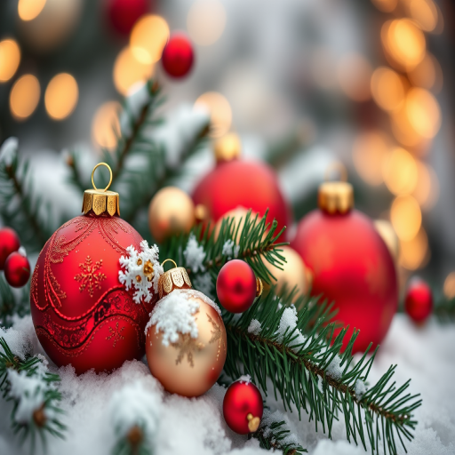 Christmas decorations with red and gold ornaments and pine branches on snow, bokeh background, portrait view, DSLR camera, 50mm lens, f/1.8 aperture, ISO 200, 1/125 sec shutter speed.