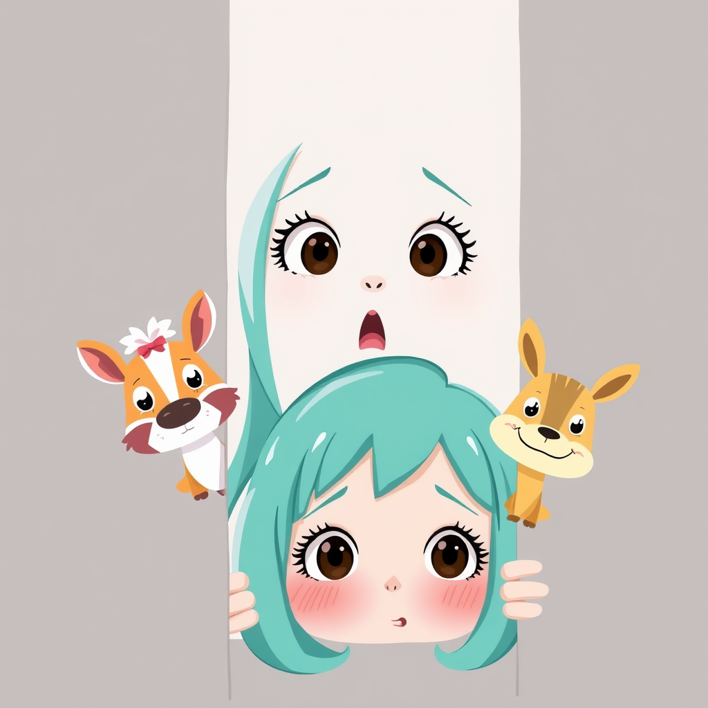 A whimsical illustration featuring a surprised girl with teal hair and two playful cartoon animals peeking around a corner, set against a soft gray background, captured with a DSLR camera at f/4, ISO 100, 1/125s, in a portrait orientation and a bright, cheerful style.