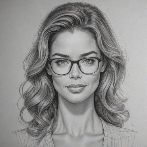 Bewitching Denise Richards, pencil sketch, portrait of Delightful woman 1937s in glasses, hair style beatnik, outline, clear lines, fine lines, 8k