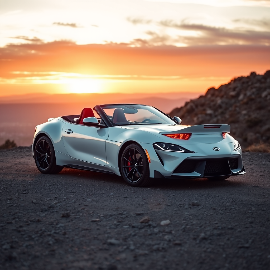 Generate a high-resolution image of a sleek white convertible sports car parked on a rugged terrain with a dramatic sunset backdrop, using a Canon EOS R5 camera, 50mm lens, f/1.8 aperture, 1/200s shutter speed, and ISO 100 for enhanced clarity and depth.
