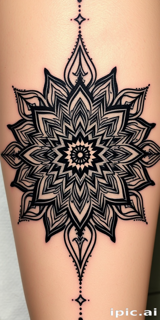 Geometric blackwork tattoo called "Sacred Symmetry" combining intricate mandala patterns with sharp angles and dotwork shading to create a three-dimensional optical illusion effect on the skin