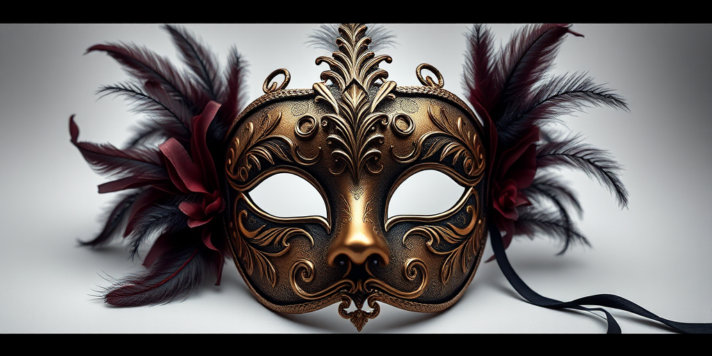 Create a detailed, high-resolution illustration of an ornate masquerade mask with intricate patterns and feathers, captured in a studio with soft, diffuse lighting, using a Canon EOS R5 camera, 50mm lens, f/2.8 aperture, ISO 100, and a 1/125 shutter speed.