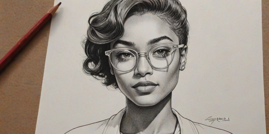 Enchanting Tati Gabrielle, pencil sketch, portrait of Sublime woman 1949s in glasses, hair style beatnik, outline, clear lines, fine lines, 8k