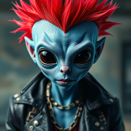 Create a highly detailed portrait of a punk-inspired alien character with blue skin, large black eyes, and bright red spiky hair, wearing a leather jacket adorned with chains and studs, captured with a Canon EOS R5 camera, 85mm lens, aperture f/1.4, ISO 100, shallow depth of field, soft studio lighting, and a blurred abstract background.