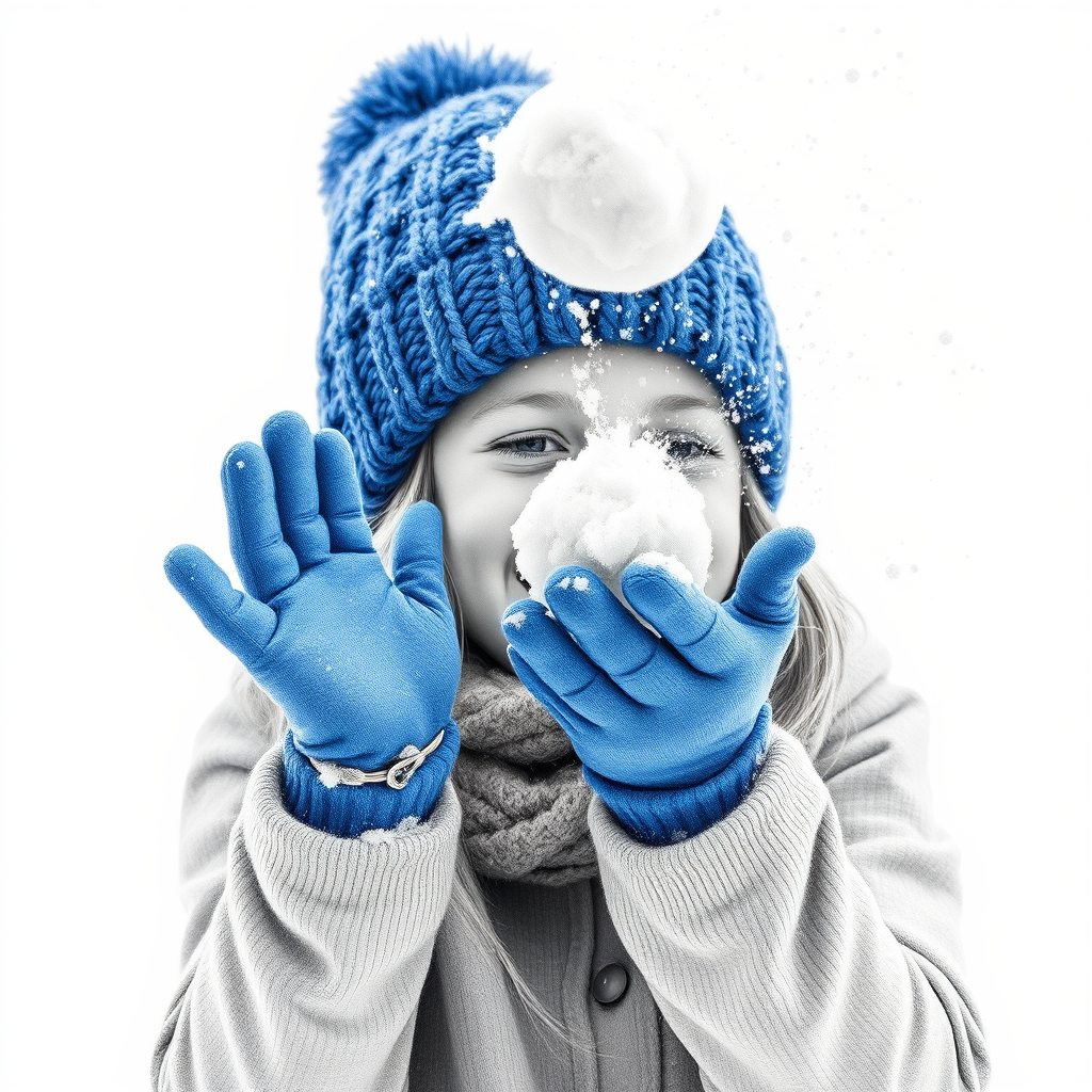 A hyperdetailed photorealistic macro image black and white pencil sketch of a young girl getting hit by a snowball during a snowball fight. She is wearing a brilliant sapphire blue wool beanie and bright blue mittens. She is trying to block the snowball by putting her hands up. The snowball hits her beanie and disintegrates into myriad tiny snowflakes caught with high speed photography. The girl is laughing and having a wonderful time.