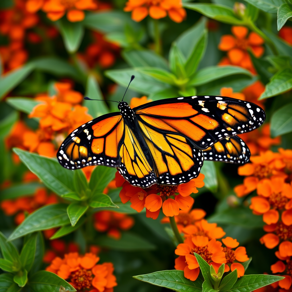 Generate an image of a vibrant monarch butterfly perched on bright orange flowers surrounded by lush green leaves, capturing the details of the butterfly's striking black and orange patterns and the texture of the flowers and foliage.
