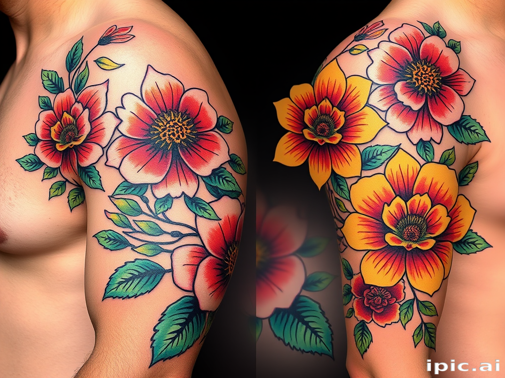 Colorful neo-traditional "Floral Fusion" tattoo combining bold outlines with vibrant hues, incorporating lush flowers and decorative elements for a timeless yet contemporary style