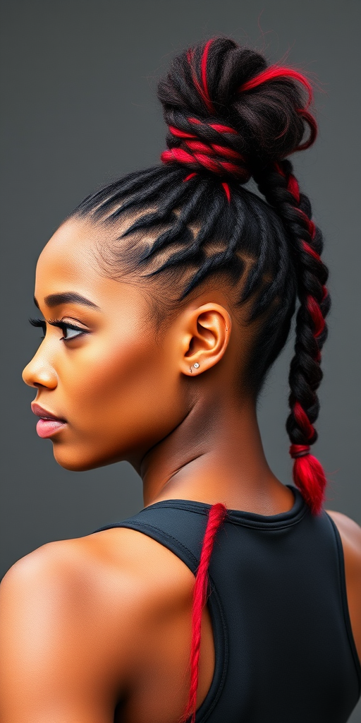 Confident athlete showcasing a high, textured ponytail with cornrow braids along the sides, accented with vibrant red streaks