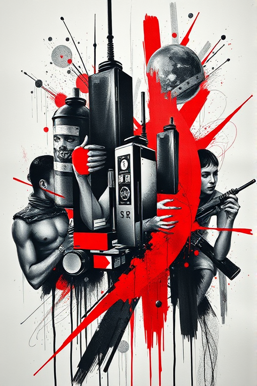 Trash polka tattoo named "Urban Chaos" combining realistic black and gray elements with bold red accents and abstract brush strokes creating a dynamic and edgy composition