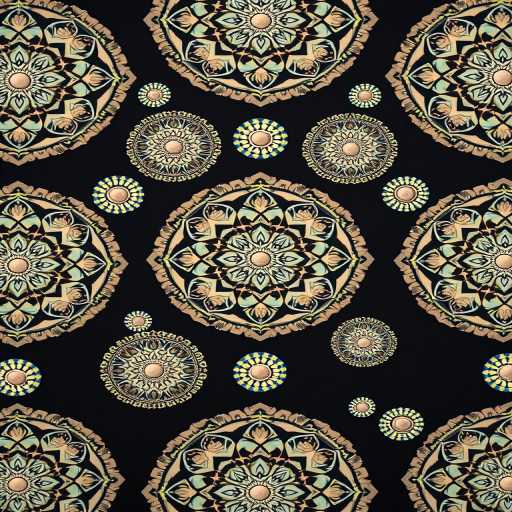 create a seamless pattern of intricate circular designs in soft pastel colors against a dark background, shot with a Canon EOS R5 at f/8, ISO 100, 24mm lens, top-down view, soft lighting to enhance the details and textures