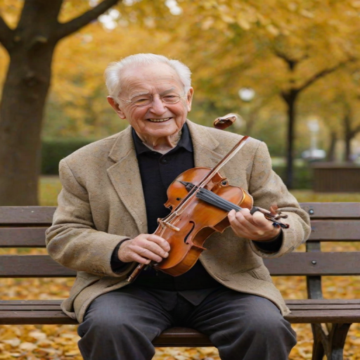 Softly focused image of an elderly man playing a violin on a park bench, surrounded by golden autumn leaves, with a soft, distant smile on his face as he plays.