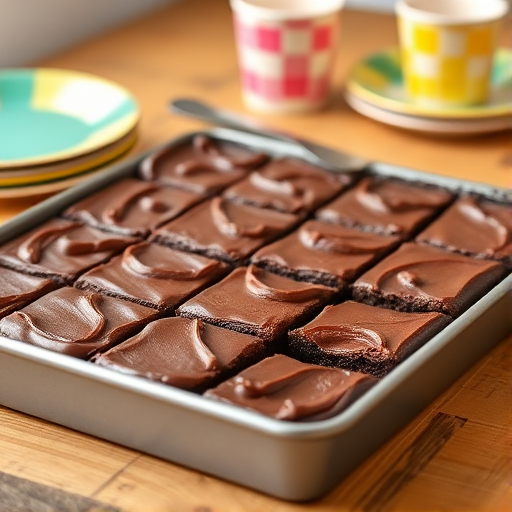 A freshly baked pan of chocolate brownies with a glossy frosting cut into squares sitting on a wooden table with colorful plates and checkered cups in the background.