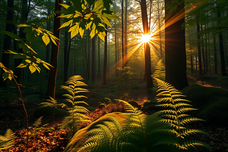 Create a high-resolution image of a serene forest landscape during golden hour with soft sunlight filtering through the trees, capturing intricate details of leaves, ferns, and the forest floor, shot with a Canon EOS 5D Mark IV, 50mm lens, f/1.8 aperture, 1/125 sec shutter speed, ISO 100, using a wide-angle view to emphasize depth and atmosphere.