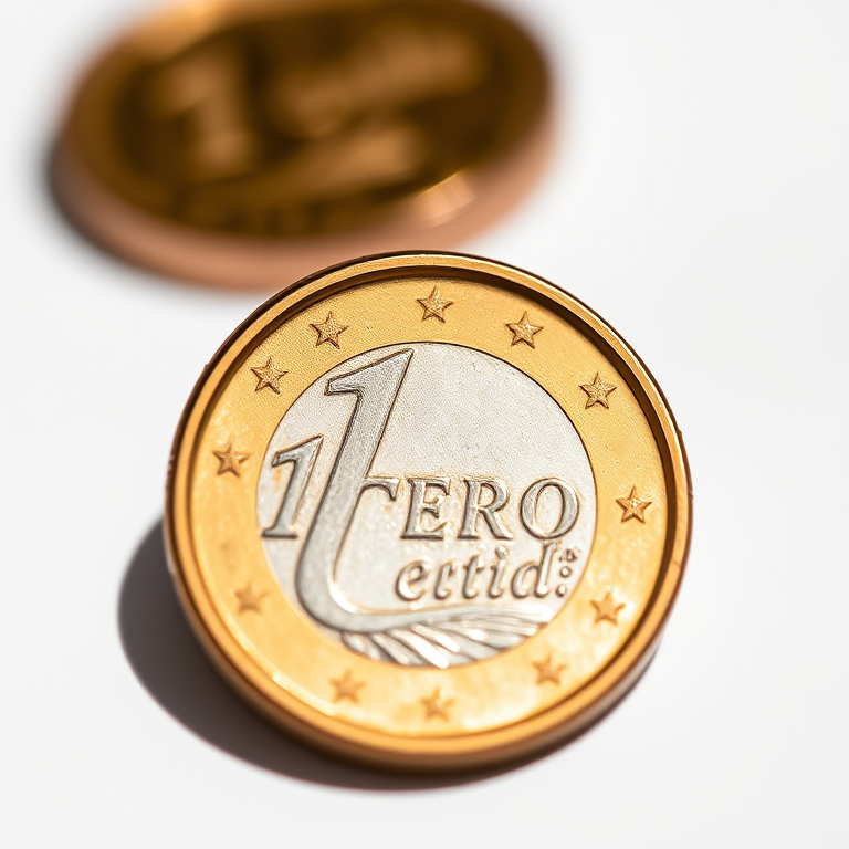 Close-up shot of a 1 cent euro coin on a white background, aperture f/2.8, ISO 100, shutter speed 1/200s, macro lens, DSLR camera, natural lighting to enhance details and reflections.