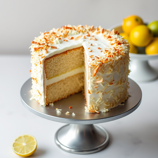 A beautifully decorated coconut cake with a slice cut out, topped with toasted coconut flakes and white frosting, displayed on a silver cake stand, with fresh limes in a bowl beside it and a light neutral background.