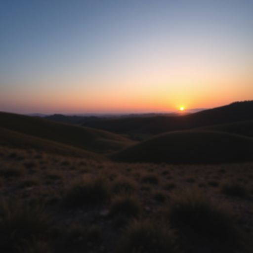 Generate a high-resolution image of a serene landscape featuring rolling hills and a clear sky during sunset, using a DSLR camera with a 50mm lens, f/1.8 aperture, ISO 100, and a shutter speed of 1/200s, captured from a low angle view to enhance depth.