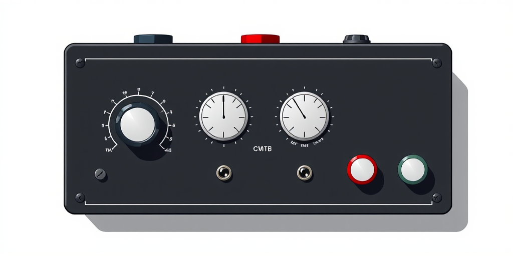 Create a high-resolution illustration of a black control box with two white dials and a red button on top, using 50mm lens at f/8 aperture, ISO 100, shot from a top-down view, in a minimalist style.