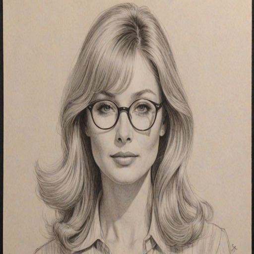 Enchanting Cindy Morgan, pencil sketch, portrait of Pleasing woman 1968s in glasses, hair style beatnik, outline, clear lines, fine lines, 8k