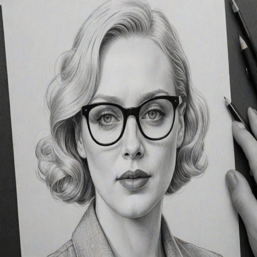 Splendid Gwendoline Christie, pencil sketch, portrait of Sublime woman 1940s in glasses, hair style beatnik, outline, clear lines, fine lines, 8k