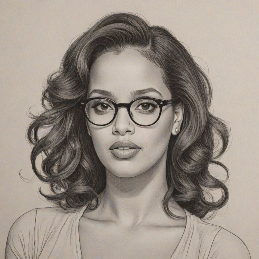 Fascinating Dascha Polanco, pencil sketch, portrait of Charming woman 1961s in glasses, hair style beatnik, outline, clear lines, fine lines, 8k