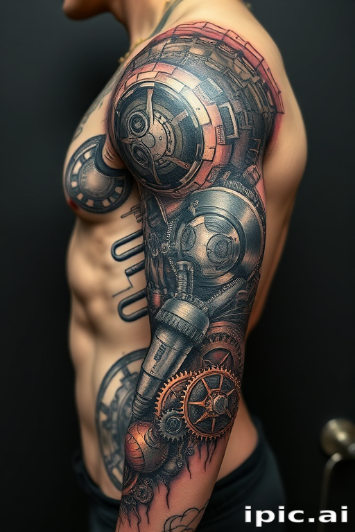 Biomechanical tattoo named "Cybernetic Symphony" depicting intricate gears, pistons, and circuitry seamlessly integrated with human anatomy, creating the illusion of a mechanical inner workings beneath the skin, with hyper-realistic shading and metallic highlights to enhance the three-dimensional effect, ideal for sci-fi fans and technology enthusiasts.