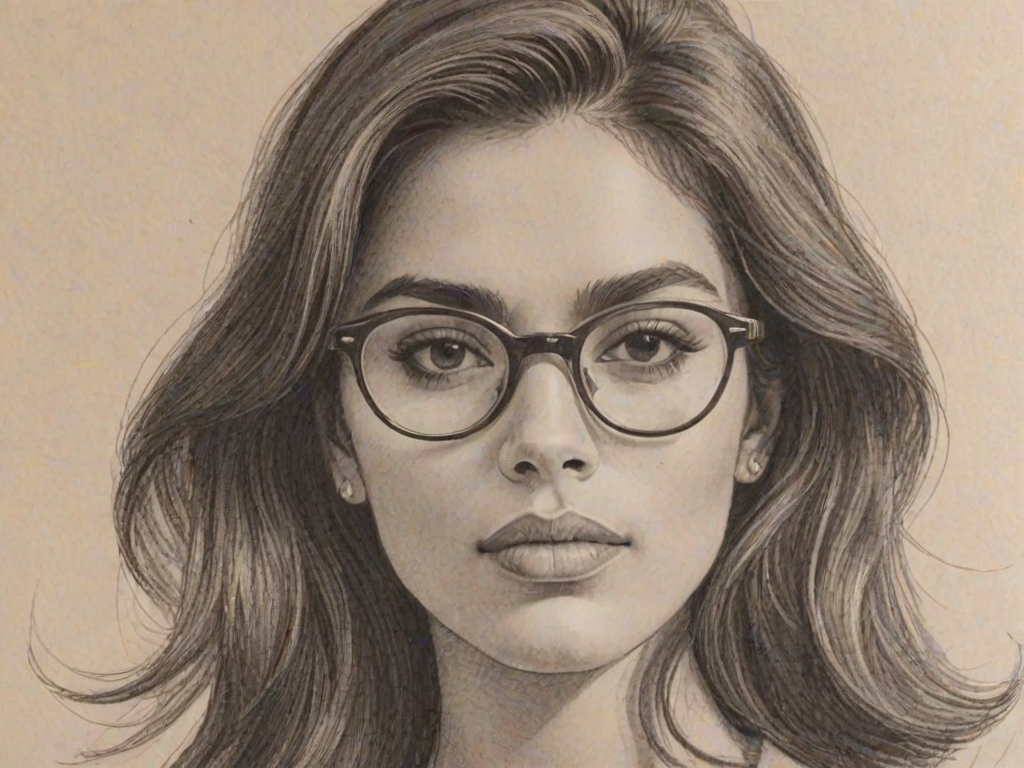 Gorgeous Isabela Merced, pencil sketch, portrait of Stunning woman 1967s in glasses, hair style beatnik, outline, clear lines, fine lines, 8k