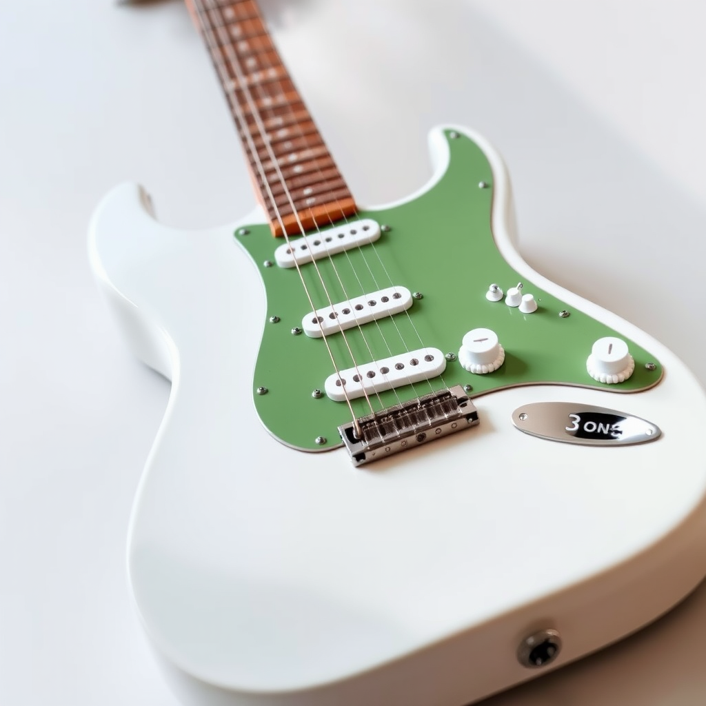 Generate a high-resolution image of an illustrated electric guitar with a white body and green pickguard, captured with a DSLR camera at f/2.8 aperture, ISO 100, 50mm lens, shot at a slight angle to emphasize depth and detail, using natural lighting for a clean look.