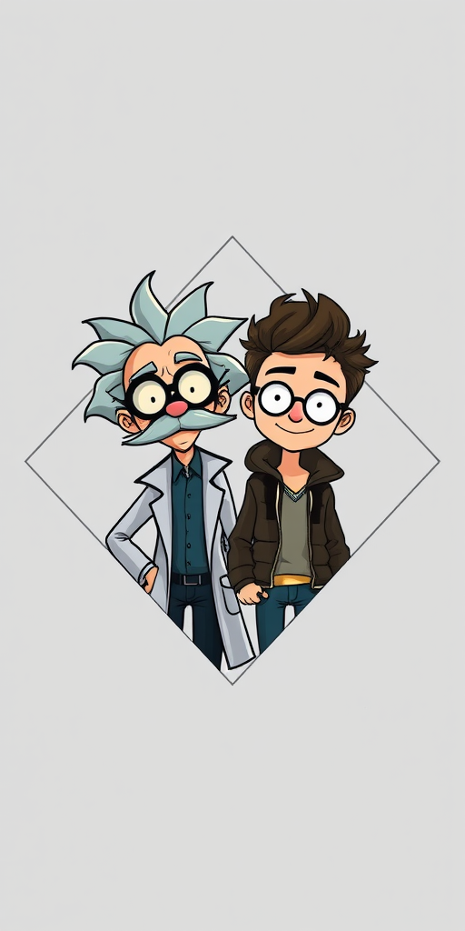 Create an illustration of two animated characters resembling a mad scientist and a teenage boy, framed within a diamond shape against a gray background, using a Canon EOS R5 camera with a 50mm lens, aperture set to f/1.8, ISO 100, and a soft focus style for enhanced image quality.