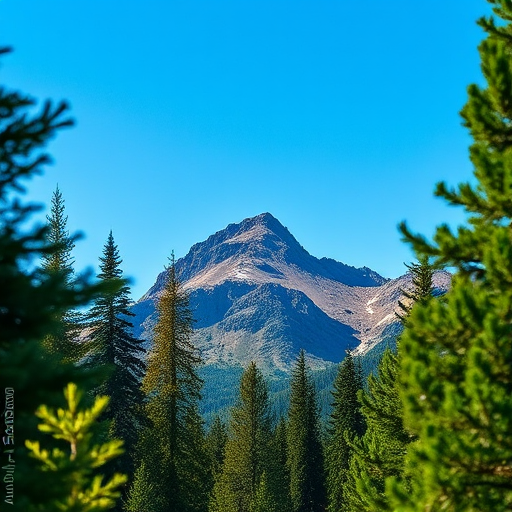 Mountain landscape framed by evergreen trees, bright blue sky, sharp focus, ISO 100, f/8, 1/250s, 24mm lens, DSLR camera, natural light, wide-angle view.