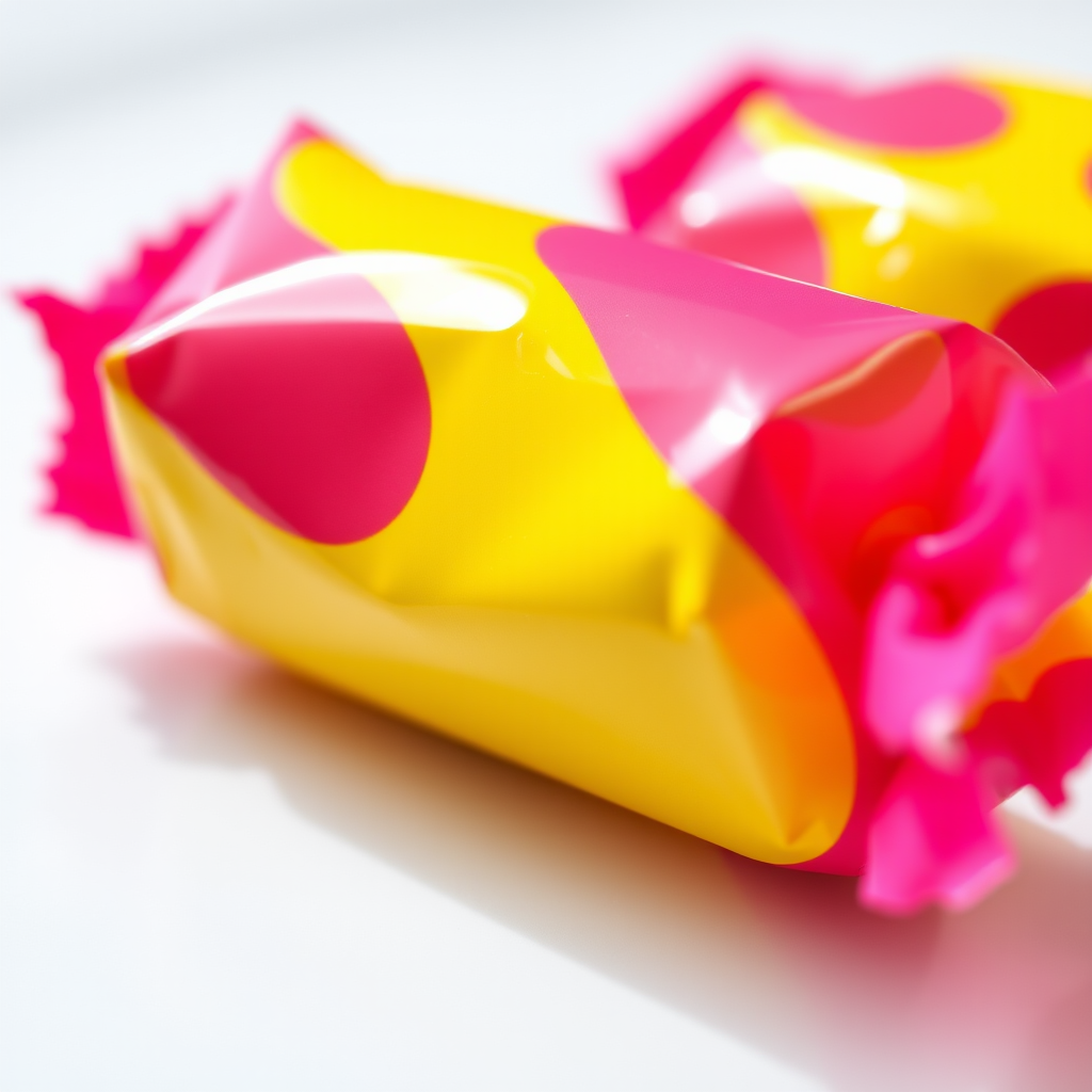 A colorful wrapped candy with a pink and yellow design, cartoon style, high resolution, 50mm lens, f/2.8 aperture, shot in daylight, shallow depth of field, DSLR camera.