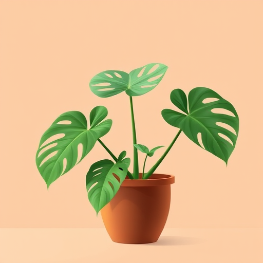 Regenerate a minimalist illustration of three monstera plants in a simple brown pot, high-resolution digital art style, shot with a Canon EOS R5 at f/4.0, 50mm, ISO 100, natural lighting for vibrant colors.