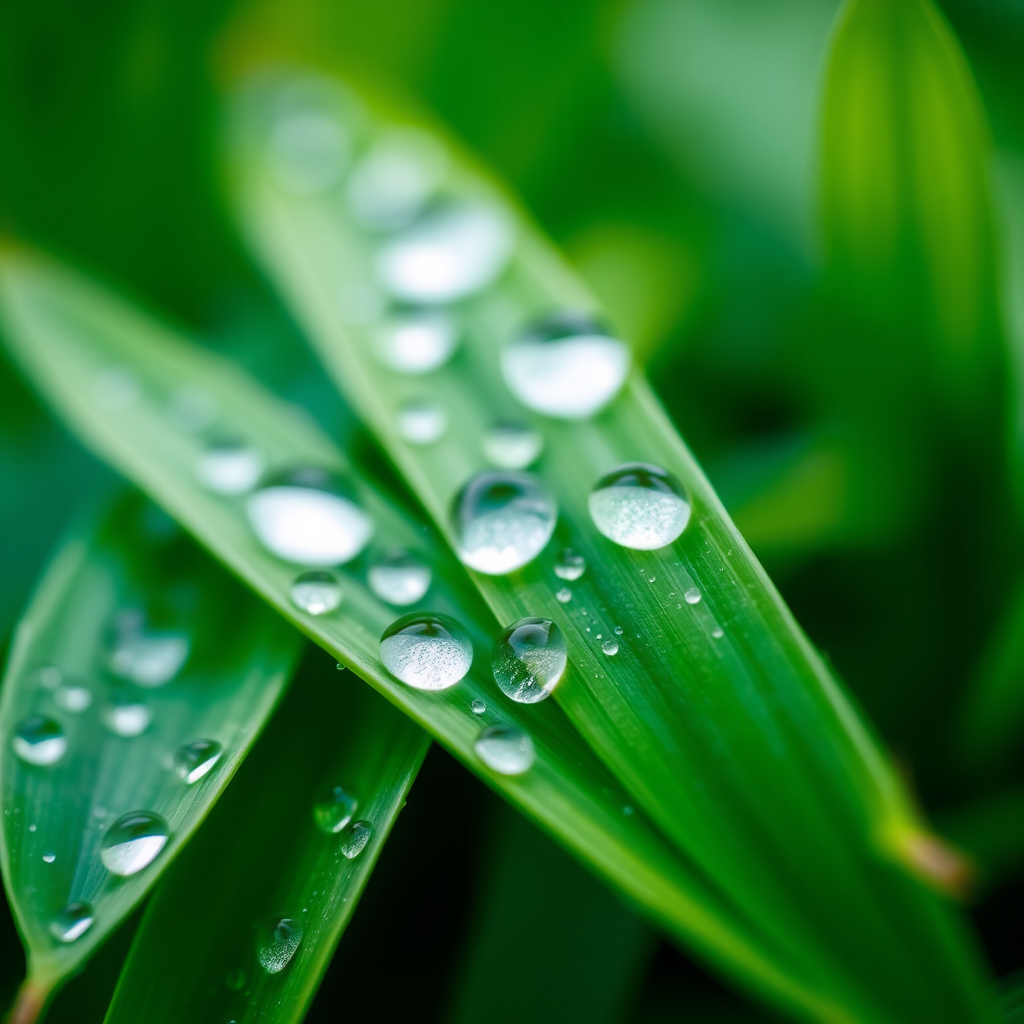 macro shot of fresh green leaves with droplets of water on them, shallow depth of field, soft bokeh background, ISO 100, f/2.8, 1/200s, 100mm lens, DSLR camera