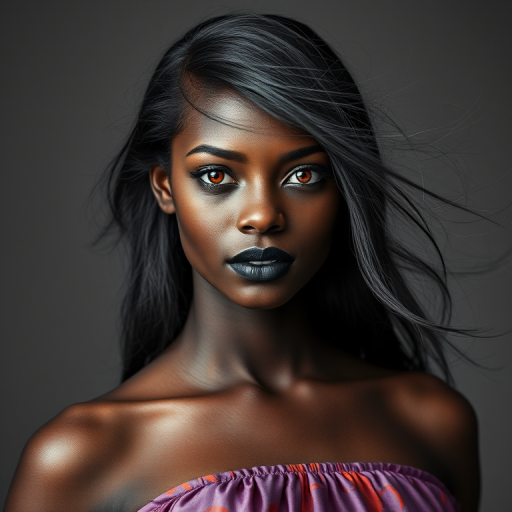 Photographic image of a beautiful young Kikuyu woman, red eyes, lips with black lipstick, long hair fluttering in the wind and wearing a silk strapless dress with a soft purple and orange print. monochrome image with only color highlights in the iris of the eyes, lipstick and dress. Gray background.