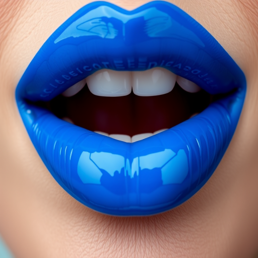 Bold electric blue lips with a high-shine lacquer finish, making a daring statement and showcasing unconventional beauty