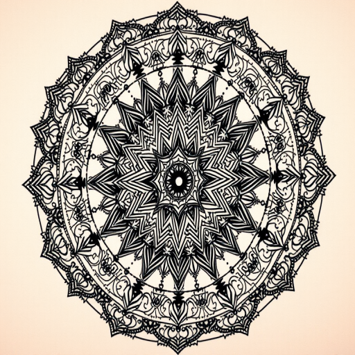 Intricate blackwork mandala tattoo, "Cosmic Geometry," composed of precise dotwork and fine lines forming intricate geometric patterns, radiating from a central point with gradually increasing complexity, incorporating sacred symbols and mystical elements, perfect for a full back or chest piece