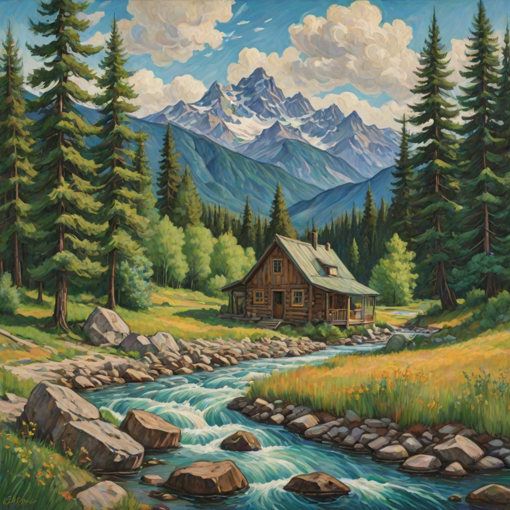 This Van Gogh-inspired painting depicts a peaceful scene of a small cabin located near a flowing river. The scene is surrounded by lush vegetation, including tall trees and rocky terrain. In the background, majestic mountains rise under a sky filled with rolling clouds. The river gently cascades over the rocks, adding a sense of movement and tranquility to the scene. The use of vibrant colors and detailed brushstrokes create a sense of depth and harmony in the natural setting.
