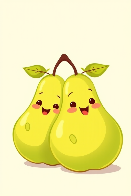 Create an illustration of two cartoon-style green pears, featuring a smooth texture and playful character, with a soft pastel background, using a Canon EOS 5D Mark IV, 50mm lens, f/2.8 aperture, in a bright, soft lighting style.