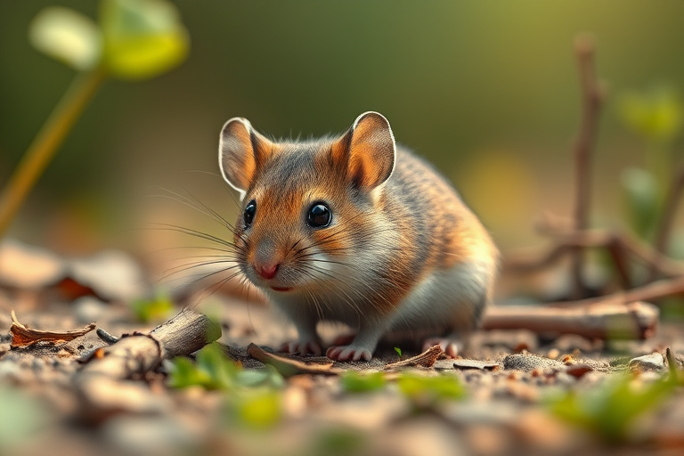 a realistic illustration of a mouse in a natural setting, close-up perspective, soft focus background, 50mm lens, aperture f/2.8, ISO 100, natural lighting