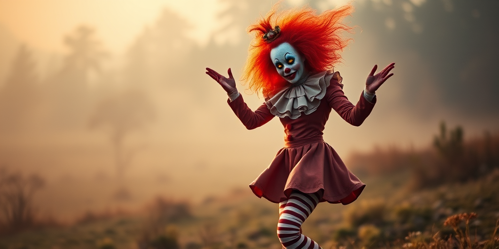 Create a surreal scene featuring a whimsical clown model with vibrant red hair and striped stockings, dancing in a misty landscape with dramatic shadows and glowing yellow eyes in the background, using a DSLR camera, 50mm lens, f/2.8 aperture, ISO 100, natural soft lighting for enhanced detail and clarity.