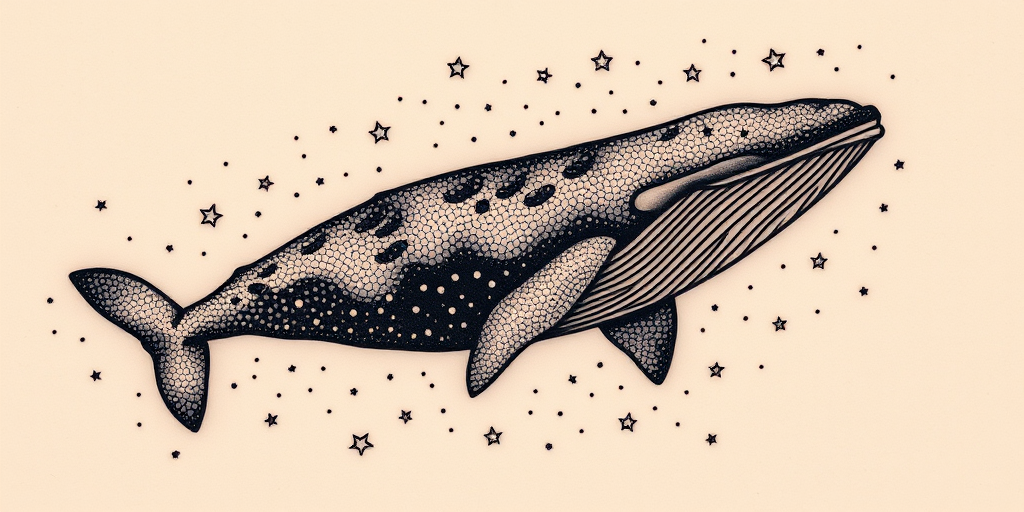 Dotwork tattoo called "Cosmic Whale" portraying a majestic whale swimming through a star-filled galaxy, using thousands of tiny dots to create shading, texture, and celestial elements