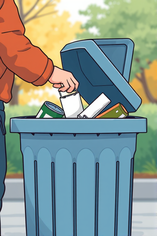 Create an illustration of a person disposing of trash in a garbage bin, using a high-resolution camera with a 50mm lens, aperture f/1.8, ISO 100, and a shallow depth of field, shot from a low angle to emphasize the action, in a vector art style.