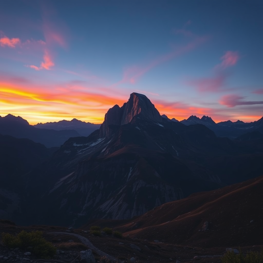 Create a high-resolution image of a serene mountain landscape at sunrise with vibrant colors, using a Canon EOS R5 camera, a 24-70mm lens set to f/8, ISO 100, shutter speed 1/125s, in a landscape orientation with a slight tilt-up perspective to capture the sky and peaks.
