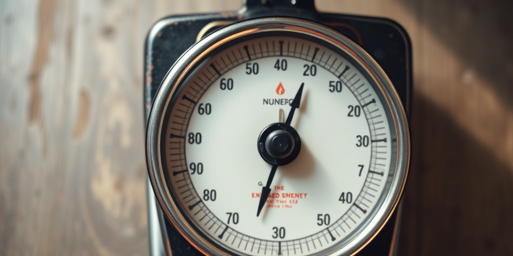 Create a high-resolution image of a vintage mechanical scale with a prominent circular dial, captured in natural light using a DSLR camera with an aperture of f/2.8, a shutter speed of 1/125 sec, and ISO 200, from a top-down view to emphasize its design.