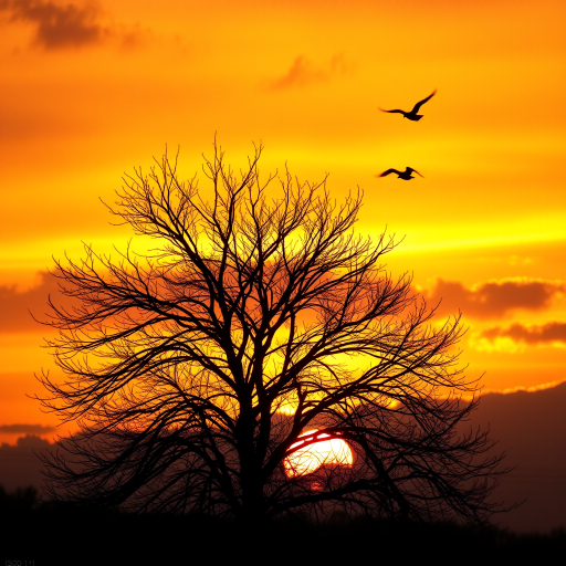 sunset with a silhouette of a barren tree and birds in flight, vibrant orange sky with clouds, wide angle view, DSLR camera, f/11 aperture, ISO 100, 1/200 second exposure