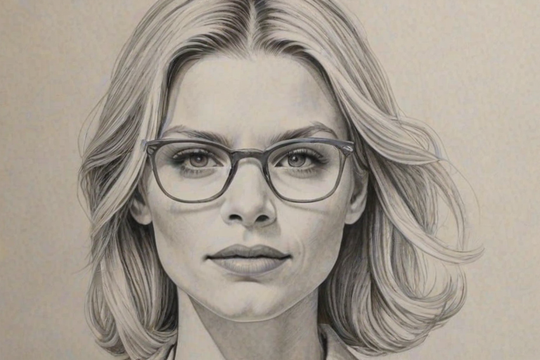 Ravishing Claire Danes, pencil sketch, portrait of Sublime woman 1959s in glasses, hair style beatnik, outline, clear lines, fine lines, 8k