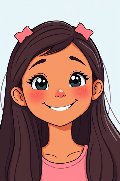 Create a cartoon-style illustration of a smiling girl with brown skin and long dark hair, wearing pink hair clips, captured with a DSLR camera at f/2.8 aperture, ISO 100, 50mm lens, and a soft-focus background to enhance image quality.